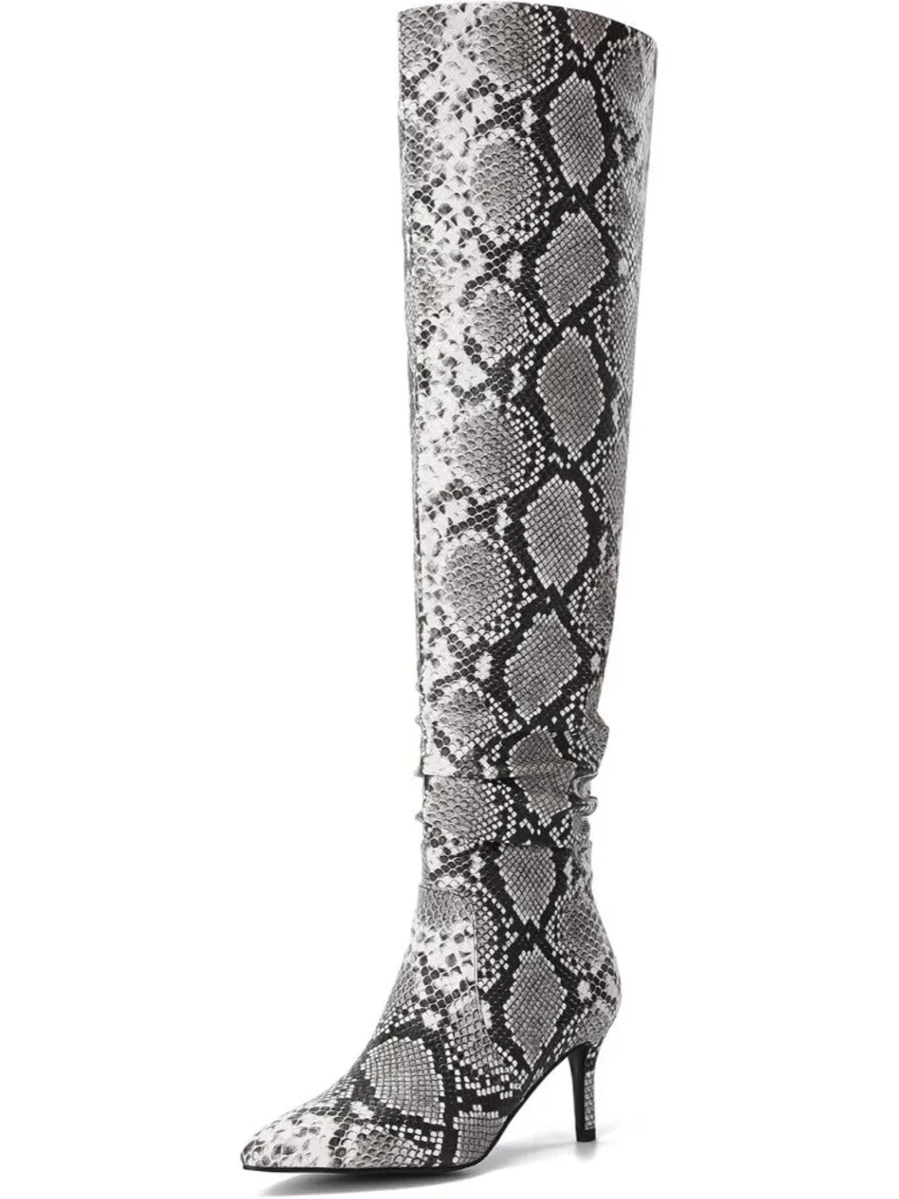 Women's Snake Pointed Toe Mid Stiletto Heel Suede Leather Over The Knee Boots